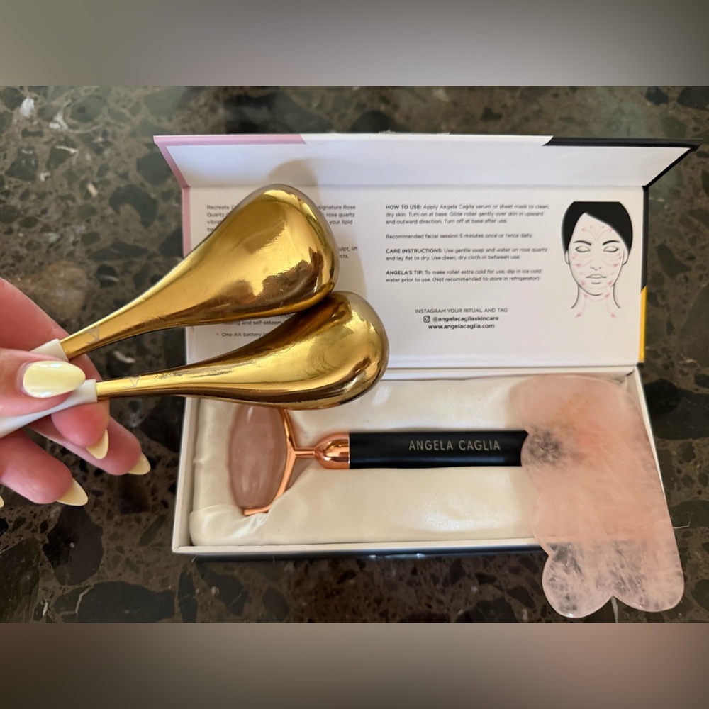 Angela Caglia Rose Quartz Facial Roller with Gold Sculpting Tools and Gua Sha